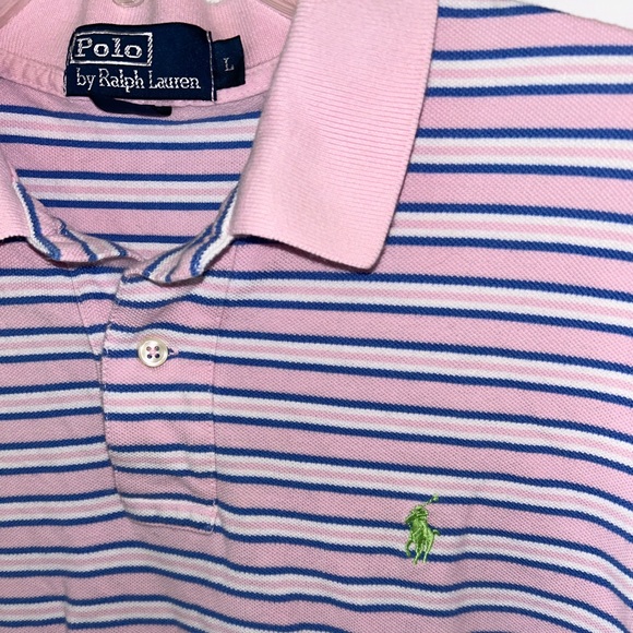 Polo Ralph Lauren VINTAGE‎ pink white blue stripe short sleeve polo size LARGE - Picture 3 of 10